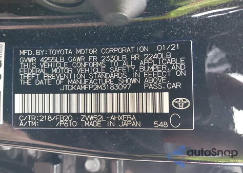 2021 Toyota Prius Prime Le из США, поврежденный, VIN JTDKAMFP2M3183097